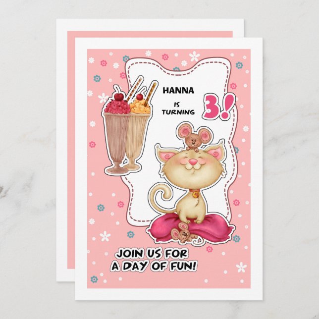 Invitation 3e fête d'anniversaire | Fun Kitty & Mice Personna (Devant / Derrière)