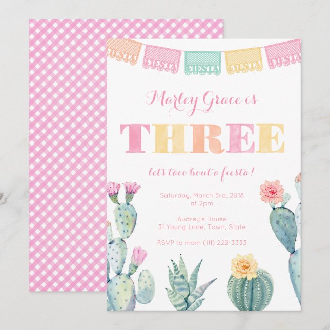 Invitation 3e fête d'anniversaire pour fille, Taco A propos d (Devant / Derrière)