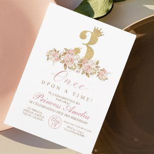 Invitation 3e Mignonne Pink Gold Crown Princesse Anniversaire