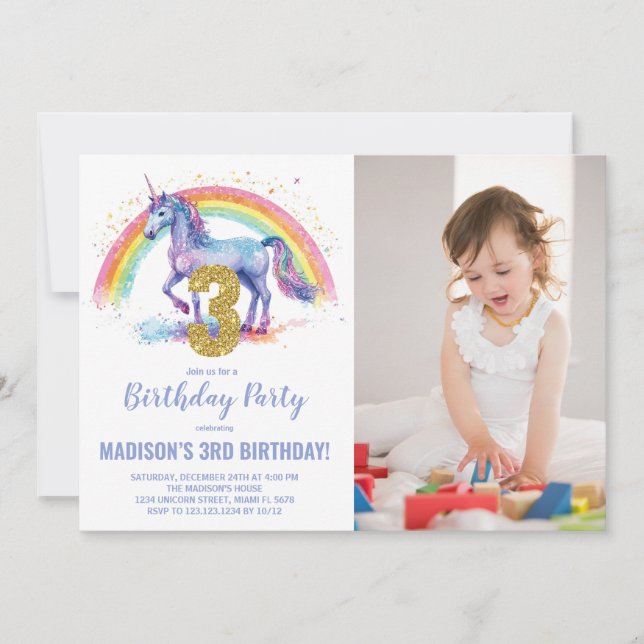 Invitation 3e Rainbow Unicorn photo d'anniversaire (Devant)