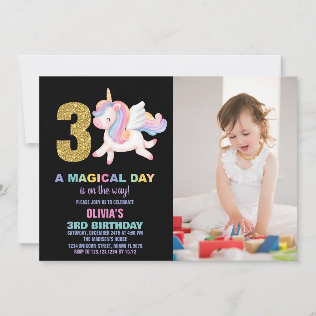 Invitation 3e Rainbow Unicorn photo d'anniversaire (Devant)