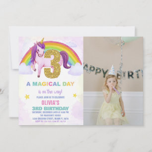 Invitation 3e Rainbow Unicorn photo d'anniversaire