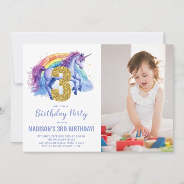 Invitation 3e Rainbow Unicorn photo d'anniversaire (Devant)