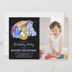 Invitation 3e Rainbow Unicorn photo d'anniversaire