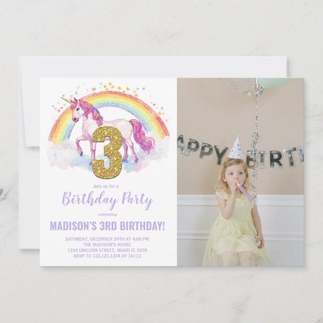 Invitation 3e Rainbow Unicorn photo d'anniversaire (Devant)