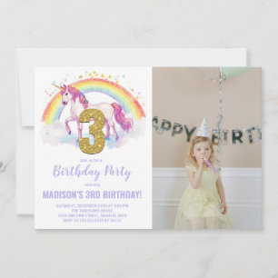 Invitation 3e Rainbow Unicorn photo d'anniversaire