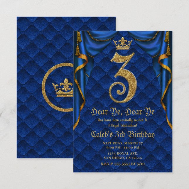 Invitation 3ème 3 TROIS Fête d'anniversaire Couronne Royale B (Devant / Derrière)