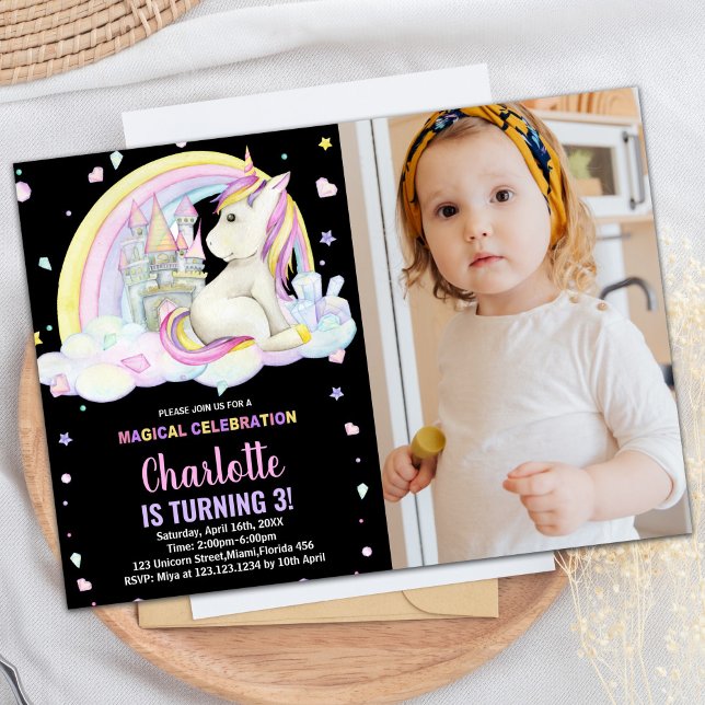 Invitation 3ème Floral Black Photo Unicorn Anniversaire Invit (3rd Floral Black Photo Unicorn Birthday Invitation)