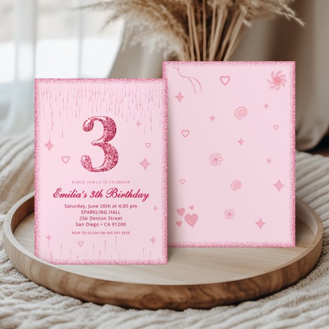Invitation 3rd Pink Glitter Birthday | Sparkle Glitter  (Créateur téléchargé)