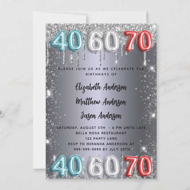Invitation 40 60 70e anniversaire argent parties scintillant  (Devant)