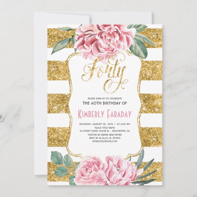 Invitation 40 Anniversaire - Floral Gold - Glam (Devant)