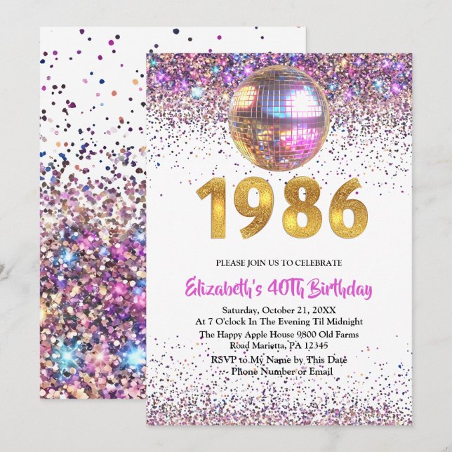Invitation 40 ans Anniversaire Disco Paillettes 19 (Devant / Derrière)