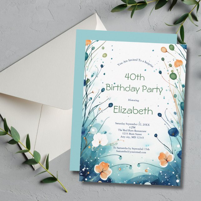 Invitation 40 ans aquarelle florale bleu vert oran (Blue Green Orange Watercolor Floral Birthday invitation for her. Editable for any year)