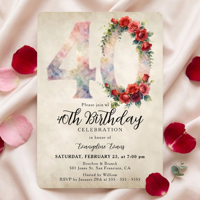 Invitation 40 ans aquarelle florale Rose Bourgogne (Créateur téléchargé)