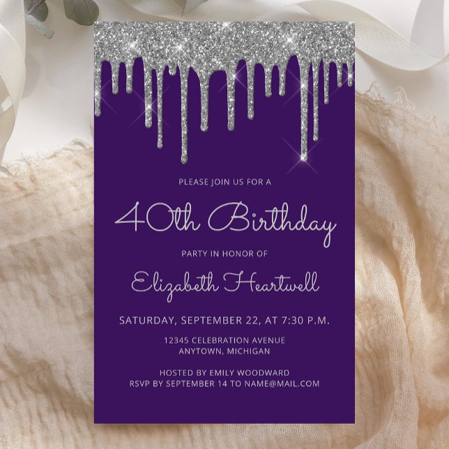 Invitation 40 ans Budget Violet Argent Paillettes (Créateur téléchargé)