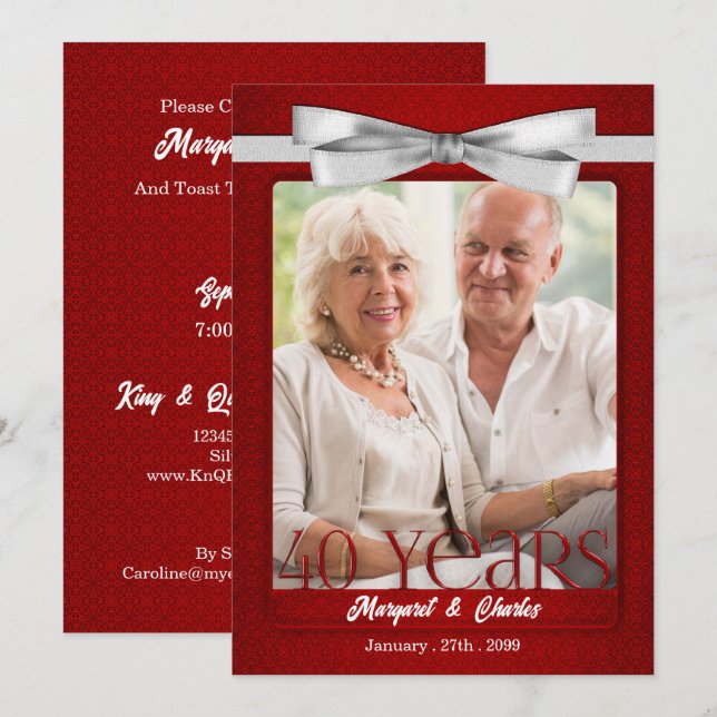 Invitation 40 ans de mariage Anniversaire Rubis Rouge et Blan (Devant / Derrière)
