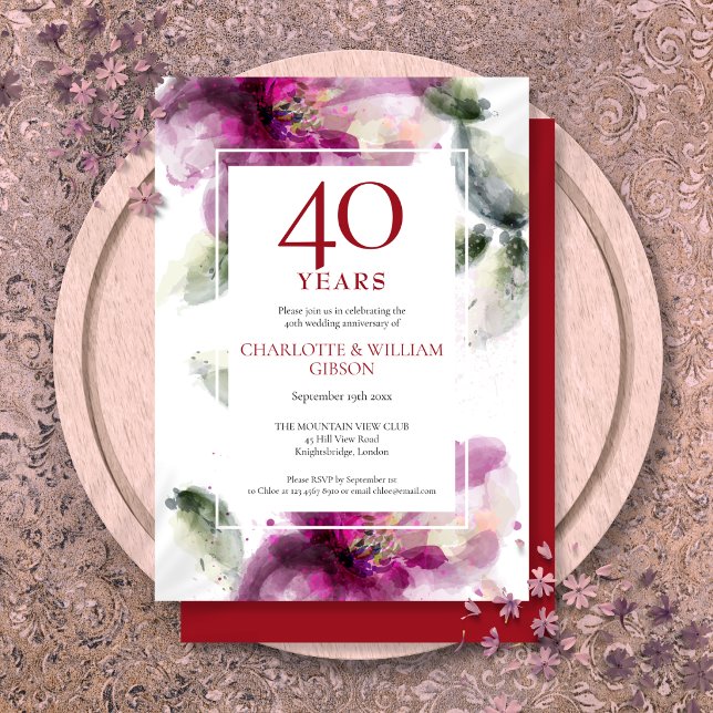 Invitation 40 ans de mariage chic Fleurs de lys florales  (40th Ruby Wedding Anniversary Chic Lilies Floral Invitation)