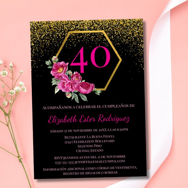 Invitation 40 ans, Élégant Noir & Or Rose Espagnol (Créateur téléchargé)