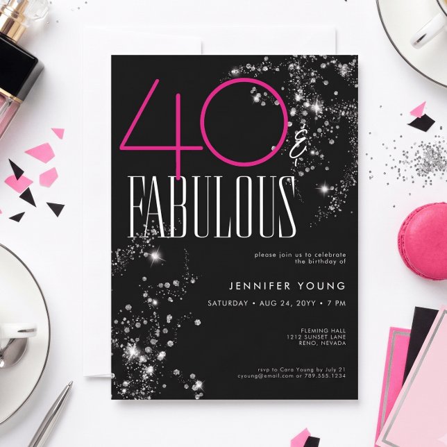 Invitation 40 ans et Fabuleux Anniversaire Rose Noir Paillett (Créateur téléchargé)