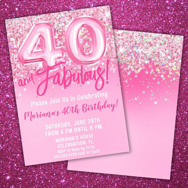 Invitation 40 ans et fabuleux Anniversaire Rose Paillettes (Créateur téléchargé)