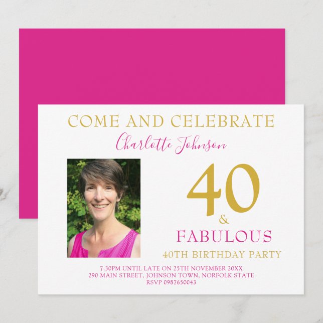 Invitation 40 ans et Fabuleux Photo Moderne 40e anniversaire  (Devant / Derrière)