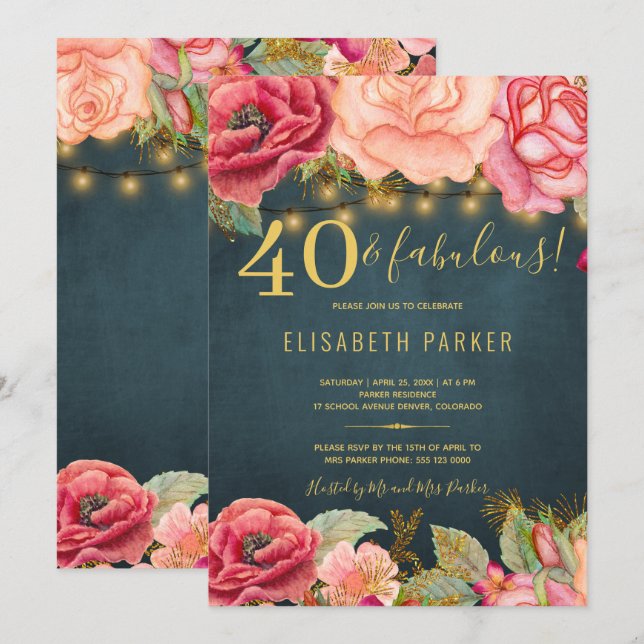 Invitation 40 ans et merveilleux, fête d'anniversaire florale (Devant / Derrière)