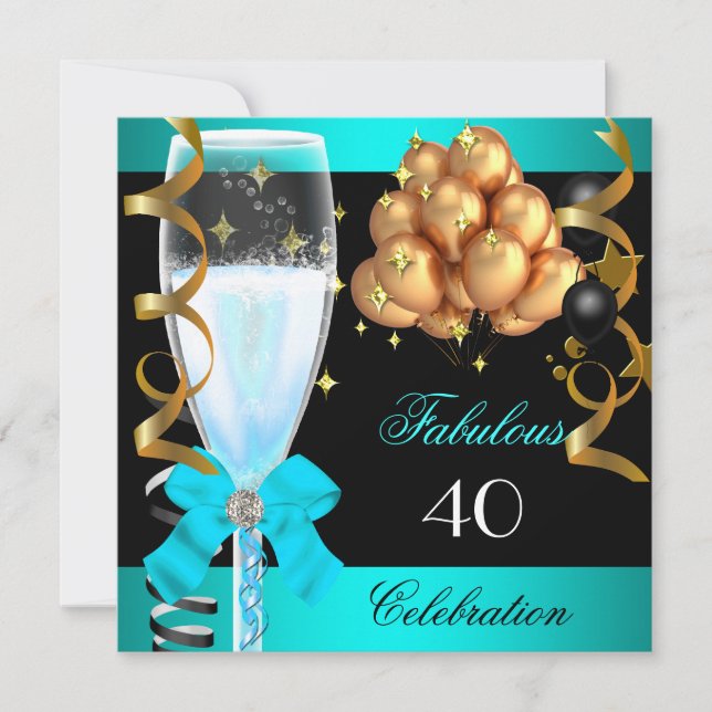 Invitation 40 ans Fabulux Bleu Sarcelle Or 40e Fête d'Anniver (Devant)