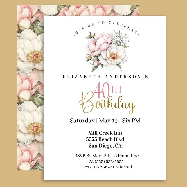 Invitation 40 ans Fleur de Pivoine Rose Pale (Créateur téléchargé)
