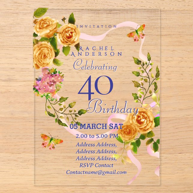 Invitation 40 ans Ruban Rose Doré (Recto)
