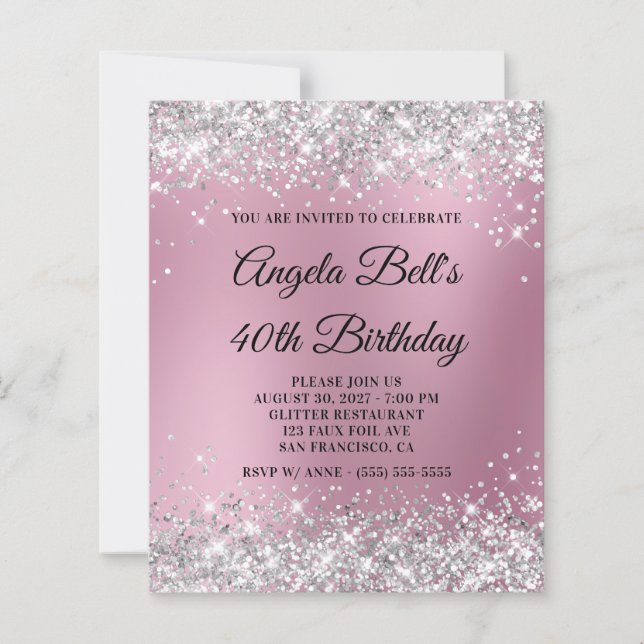 Invitation 40 ans Silver Glitter Pink Blur (Devant)