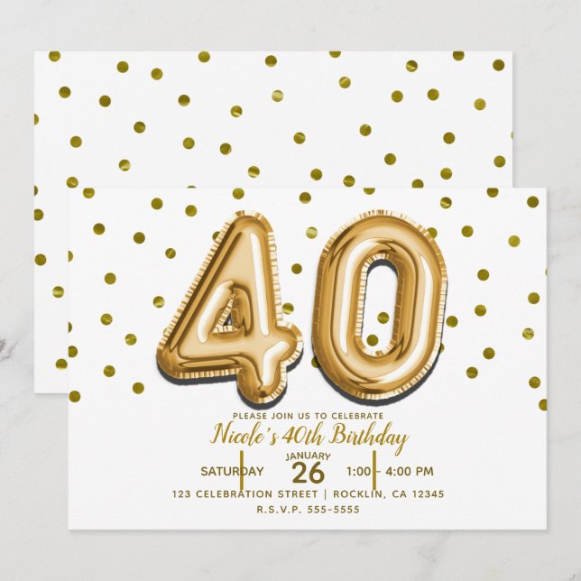 Invitation 40 Ballons Dorés et Confettis Fête d'anniversaire  (Devant / Derrière)