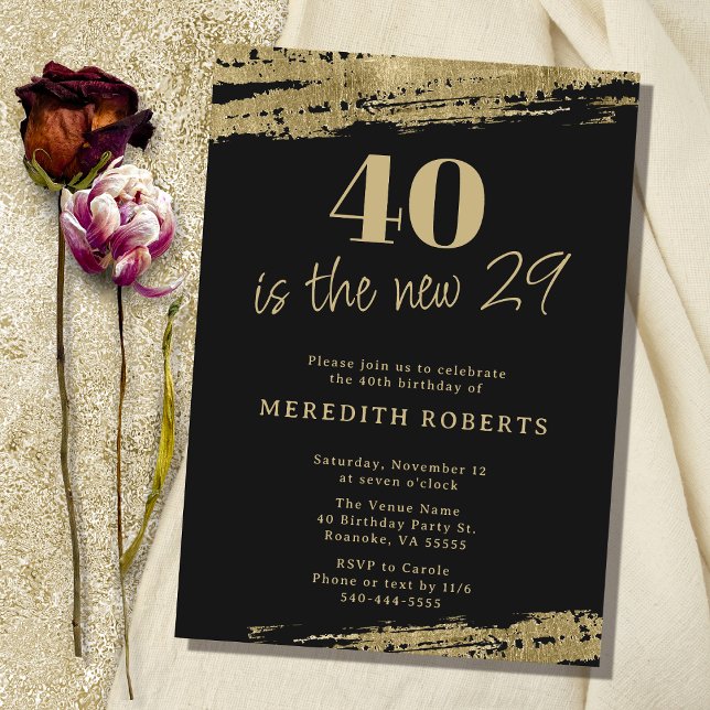 Invitation 40 est la nouvelle 29 Gold Black 40th Birthday Par (40 is the New 29 Gold Black 40th Birthday Party Invitation)