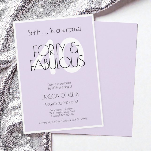 Invitation 40 et fabuleuse fête d'anniversaire moderne violet (40 and fabulous Modern Purple Forty Birthday Party Invitation)