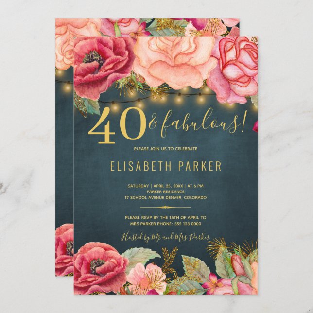 Invitation 40 et fabuleuse fête fleurie design 40e anniversai (Devant / Derrière)