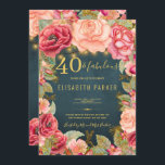 Invitation 40 et fabuleuse fête fleurie élégante 40e annivers<br><div class="desc">Luxe élégant vintage style romantique 40ème anniversaire modèle d'invitation avec rose rousse et pêche or pivoine roses et fleurit bordures et cordes rustiques or ou des lumières scintillantes sur un arrière - plan de tableau bleu minuit. — L'invitation est adapté pour les soirées de printemps ou d'été, automne automne rustique...</div>