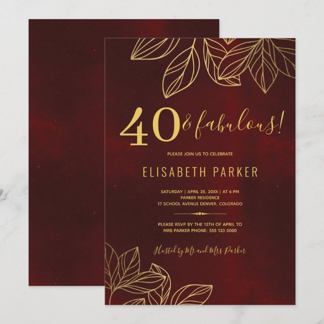 Invitation 40 et fabuleux fête d'anniversaire 40 ans rouge fo (Devant / Derrière)