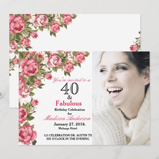 Invitation 40 et fabuleux floral | 40e anniversaire Invitatio (Devant / Derrière)