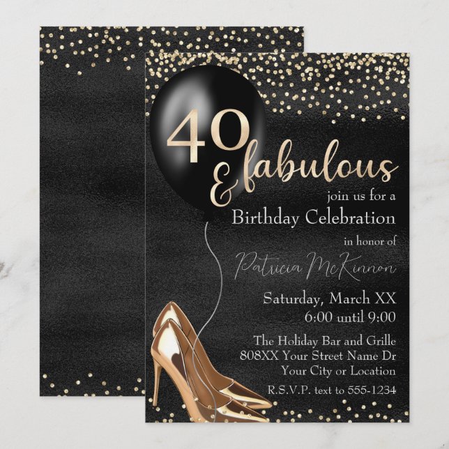 Invitation 40 et Fabuleux Talons Hauts Dorés sur Fond Noir (Devant / Derrière)