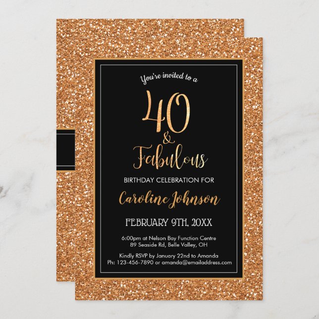 Invitation 40 & Fabuleux Anniversaire Black Gold Parties scin (Devant / Derrière)