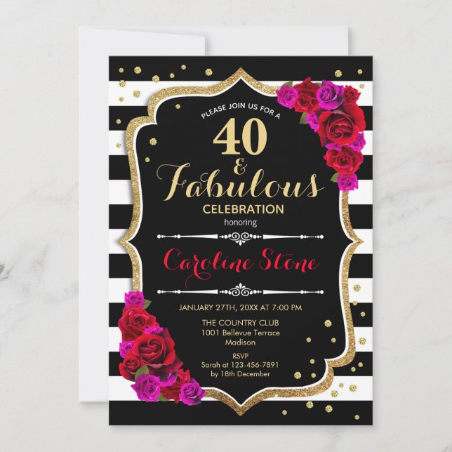 Invitation 40 Fabuleux anniversaire - Black White Stripes Ros (Devant)