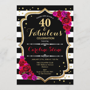 Invitation 40 Fabuleux anniversaire - Black White Stripes Ros