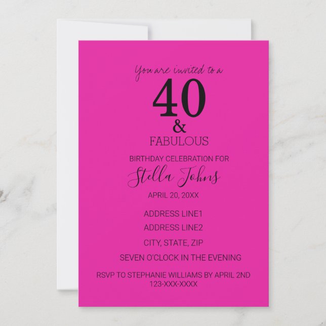 Invitation 40 Fabuleux Anniversaire Hot rose Black âge (Devant)