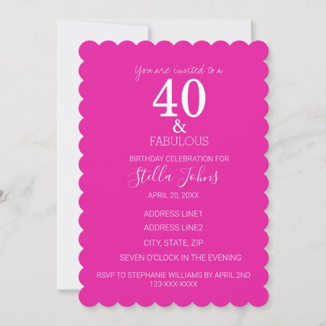 Invitation 40 Fabuleux Anniversaire Rose Chaud Couché blanc (Devant)