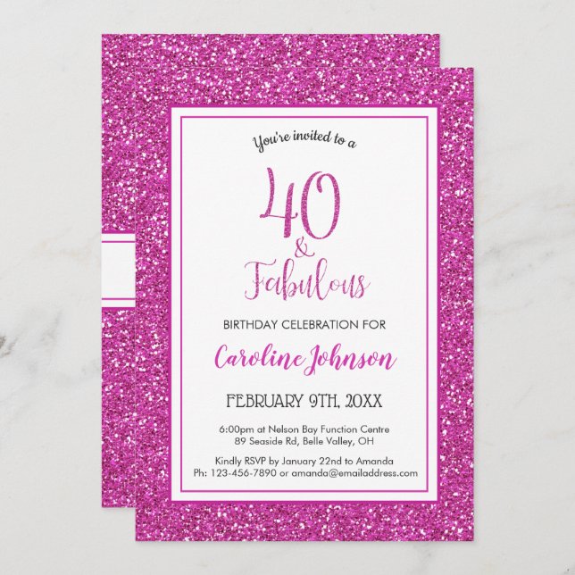 Invitation 40 & Fabuleux anniversaire Sparkly Pink Parties sc (Devant / Derrière)