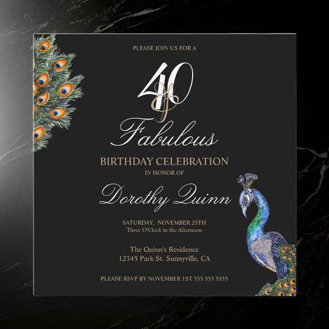 Invitation 40 & Fabuleux Elegant Aquarelle Peacock Anniversai (Créateur téléchargé)