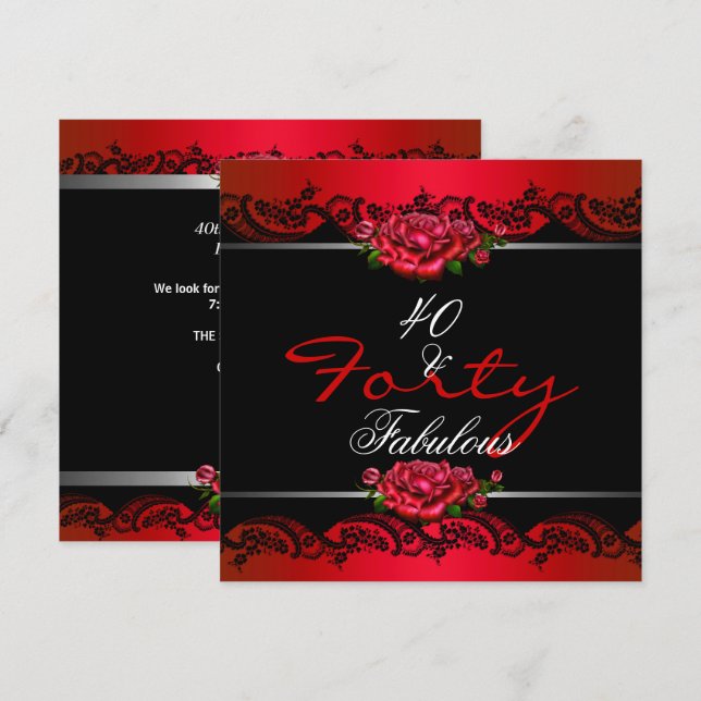 Invitation 40 & Fabuleux Fête d'anniversaire 40 ans Roses rou (Devant / Derrière)