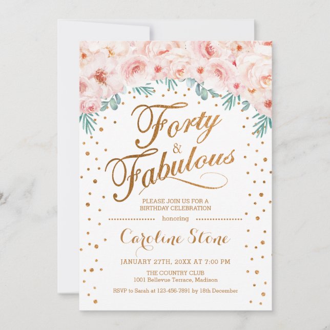 Invitation 40 Fabuleux fête d'anniversaire - Blanc Or rose (Devant)