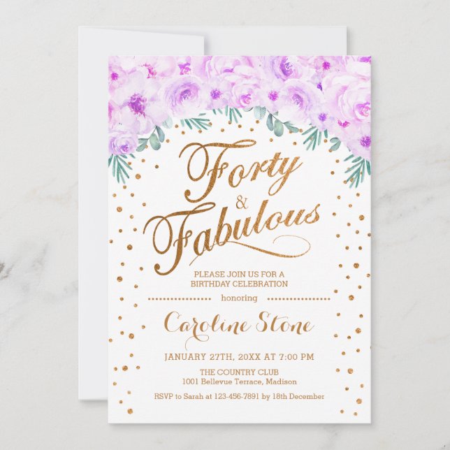 Invitation 40 Fabuleux fête d'anniversaire - Blanc or violet (Devant)