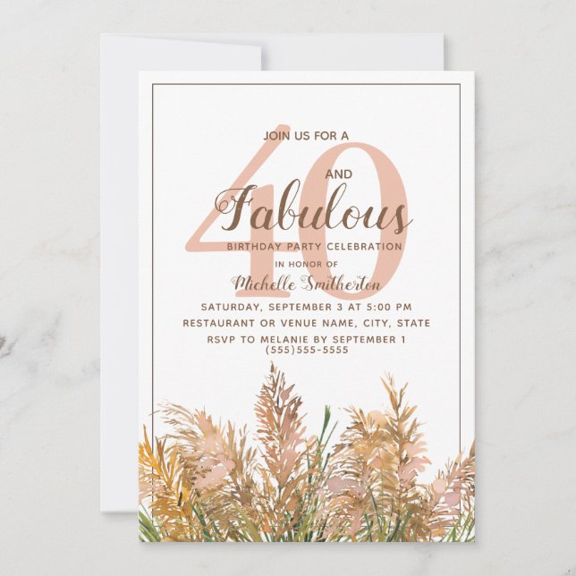 Invitation 40 Fabuleux Pampas Grass sur Blanc Anniversaire (Devant)