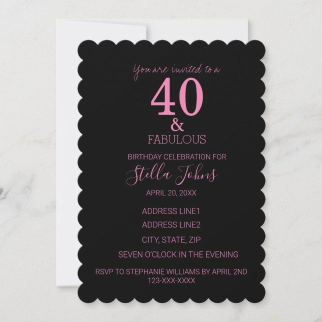 Invitation 40 Fabuleux Pink Black Scallcut Anniversaire tenda (Devant)